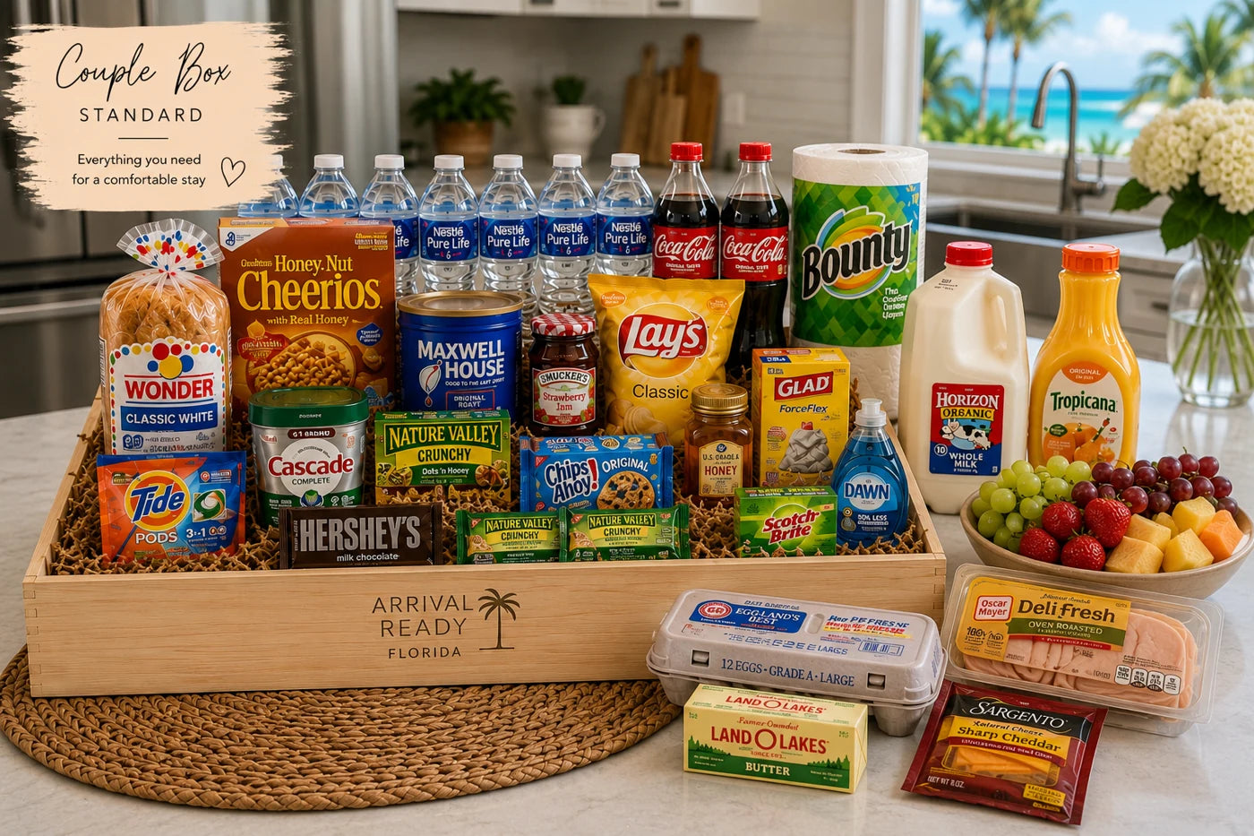 Welcome basket prepared in a bright Florida vacation rental