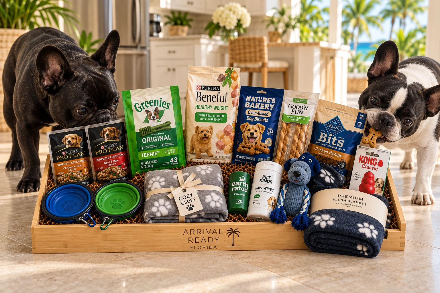 Two dogs beside an Arrival Ready Dog Box in a bright vacation rental
