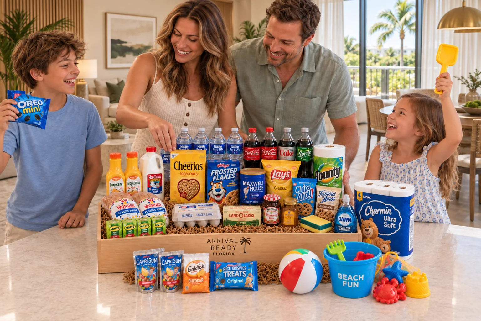 A family enjoying their Arrival Ready welcome basket in a bright Florida vacation rental