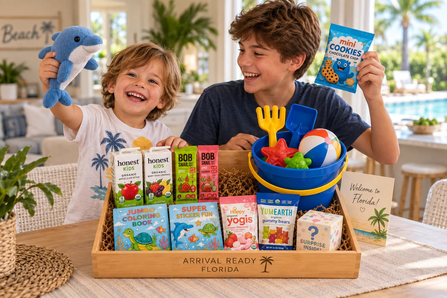 Two smiling children discovering their Arrival Ready Kids Box in a bright vacation apartment