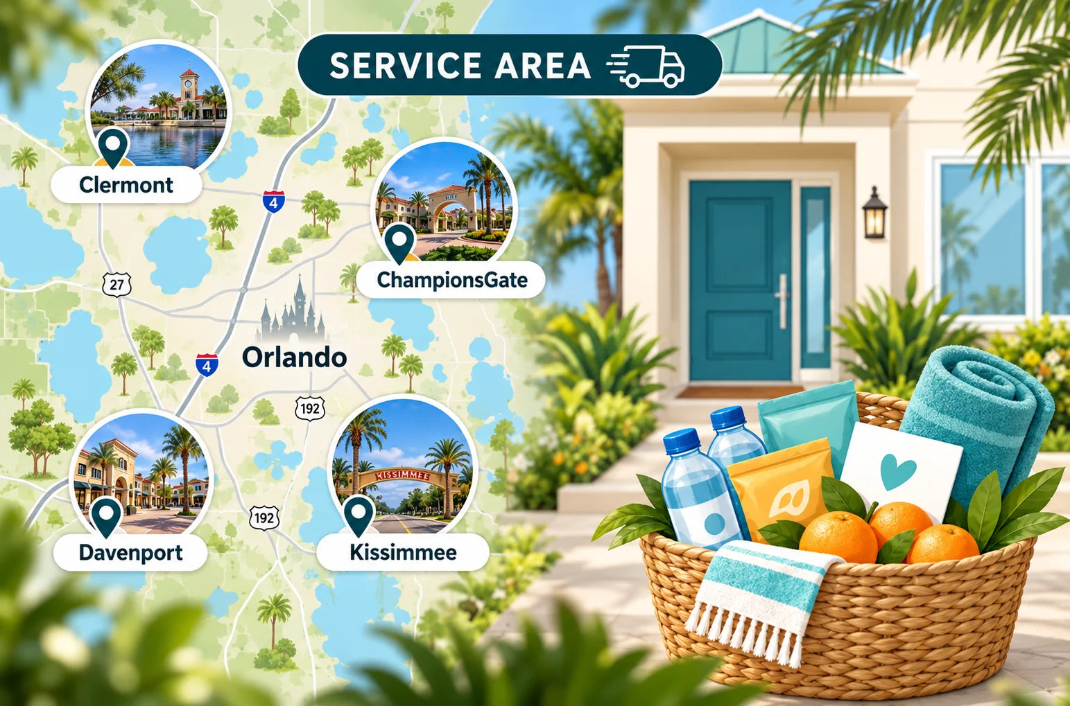Illustration von ChampionsGate, Kissimmee und Davenport mit unserem Büro und der Vorbereitung in Clermont.